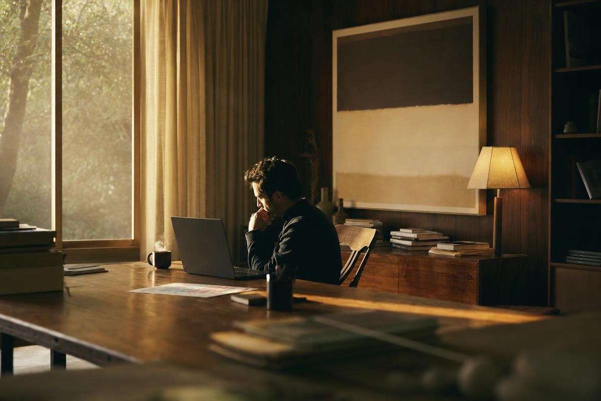 A focused analyst at a quiet desk studying soft abstract screen glow while using a black scholes option calculator