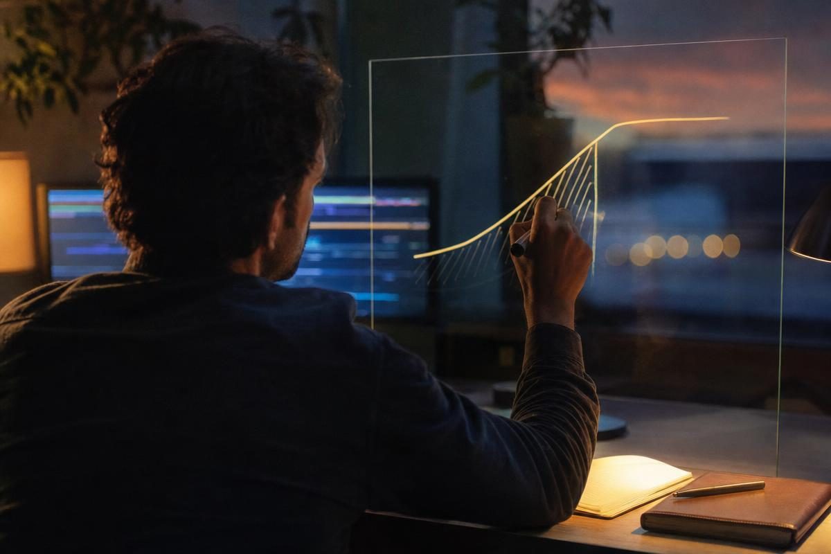 Trader sketching an abstract rising then flat payoff shape while planning a bull call spread calculator strategy