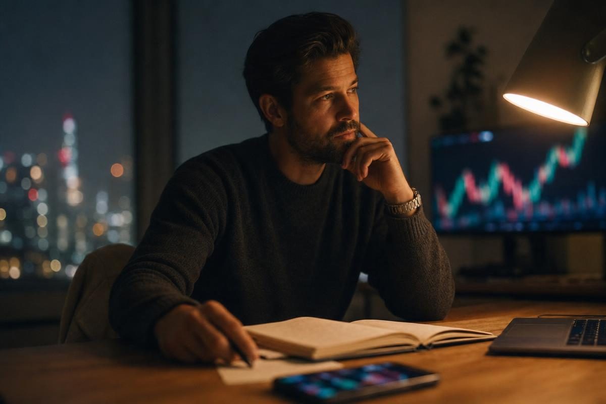 Focused planning moment at a lamplit desk mapping a long call option calculator trade with steady anticipation