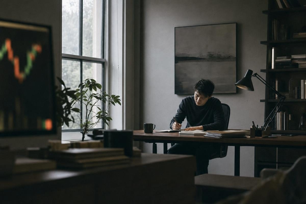 Calm desk planning moment for a cash secured put calculator, reserving capital with a steady hand and notebook