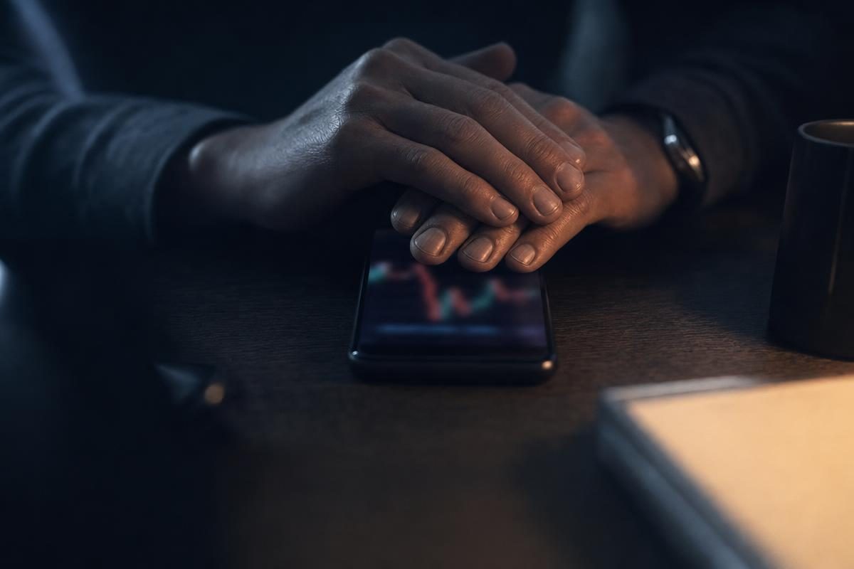 Watchful hands resting over a device while planning a long put calculator position bracing for a downside move