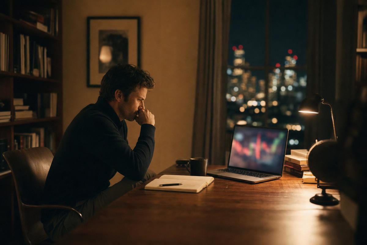 Trader weighing how much buying power to reserve, a margin option calculator planning moment at a lamplit desk