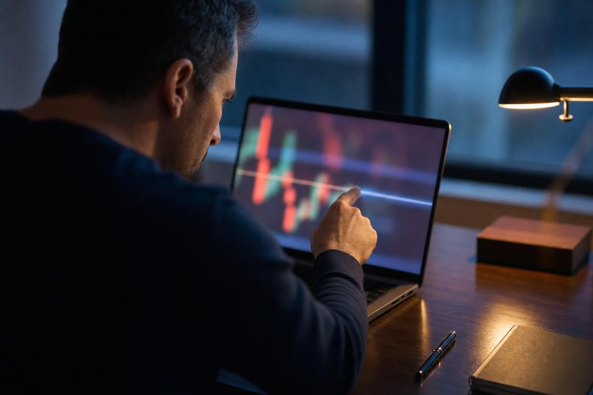 Steady fingertip pinpointing one price level on a glowing band, an option breakeven calculator planning moment at a lamplit desk