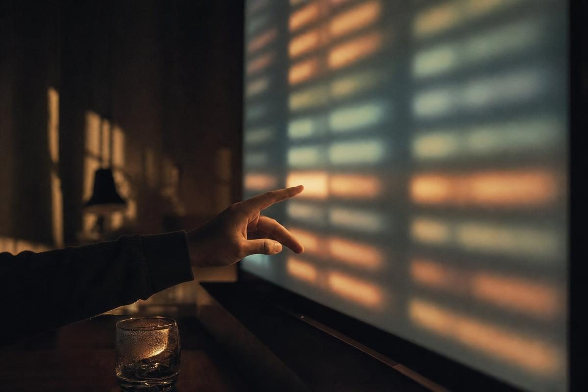 A hand reaching to select one glowing row on an abstract option chain calculator screen of soft out-of-focus light