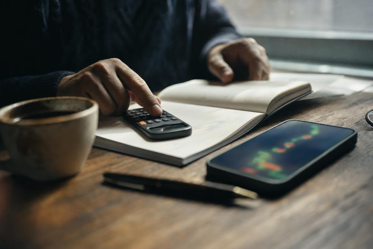 Hands with a notebook and small device at a desk using an option contract calculator to turn premium into dollars