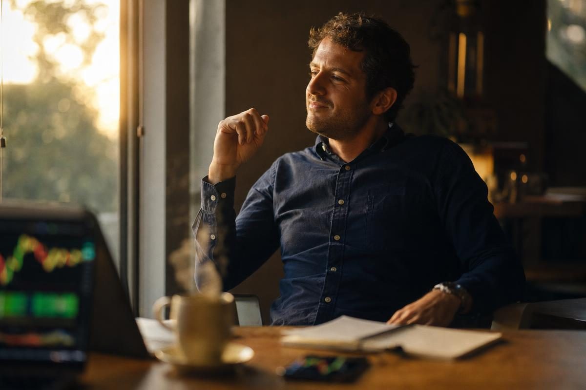 Trader in a quietly satisfied moment reviewing an option gain calculator result on a warmly lit desk