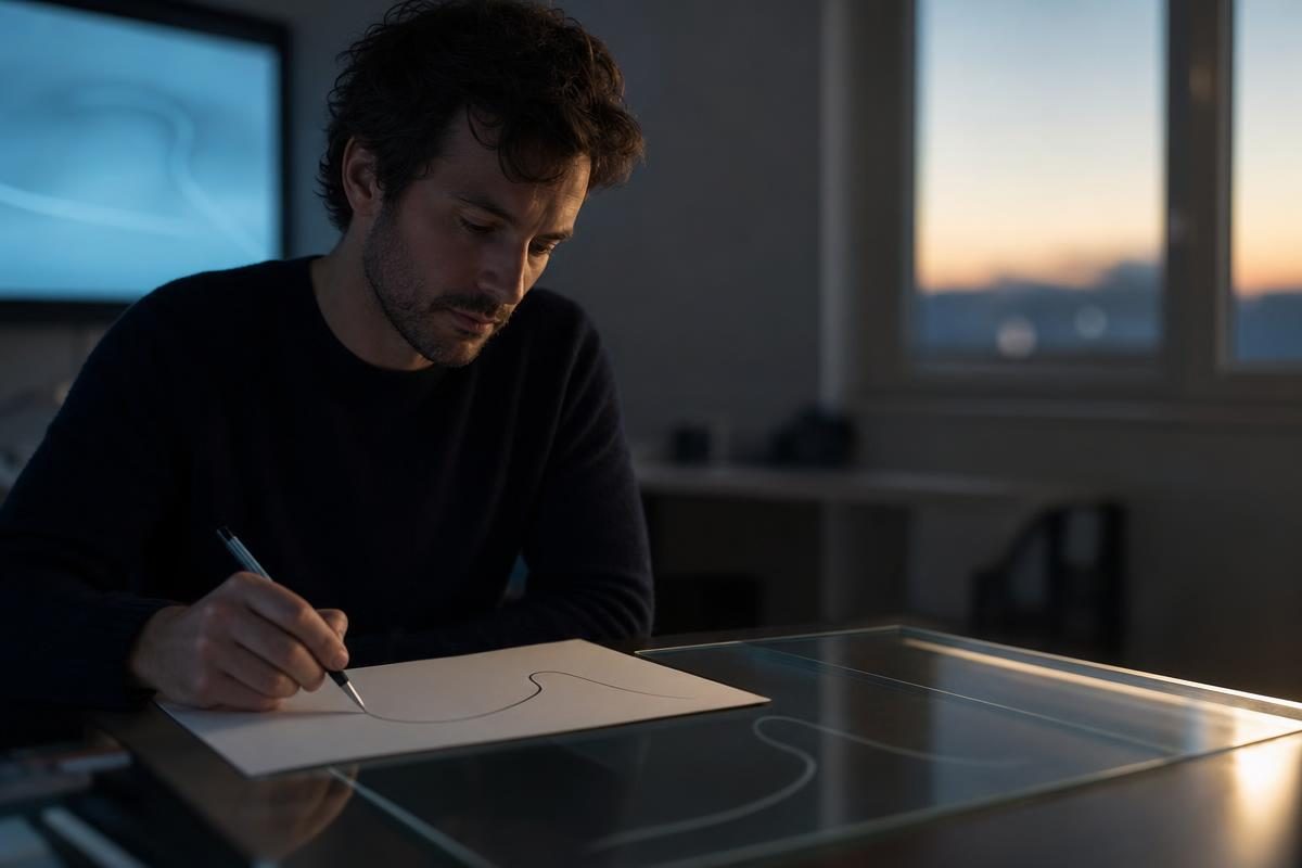 Trader sketching an abstract hockey stick payoff curve while planning an option payout calculator scenario at dusk