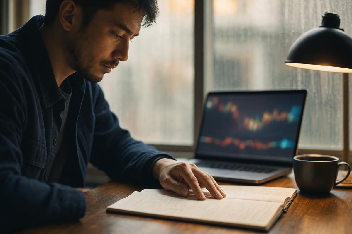Trader reviewing a notebook in soft window light, reflecting on percent and annualized option return calculator results