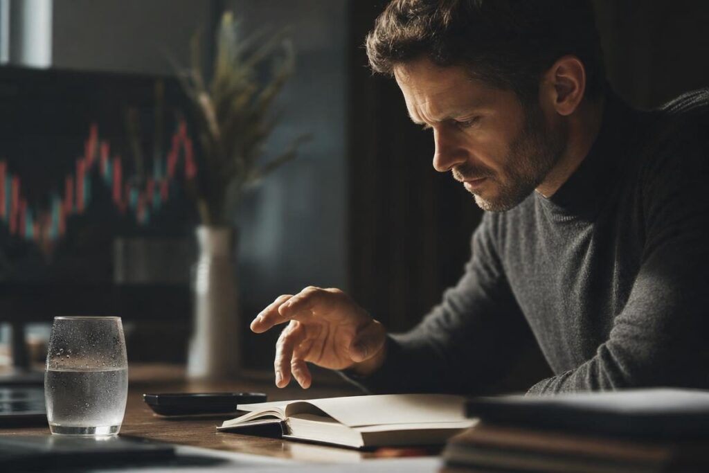 Hand paused over a desk notebook weighing downside before using an option risk calculator