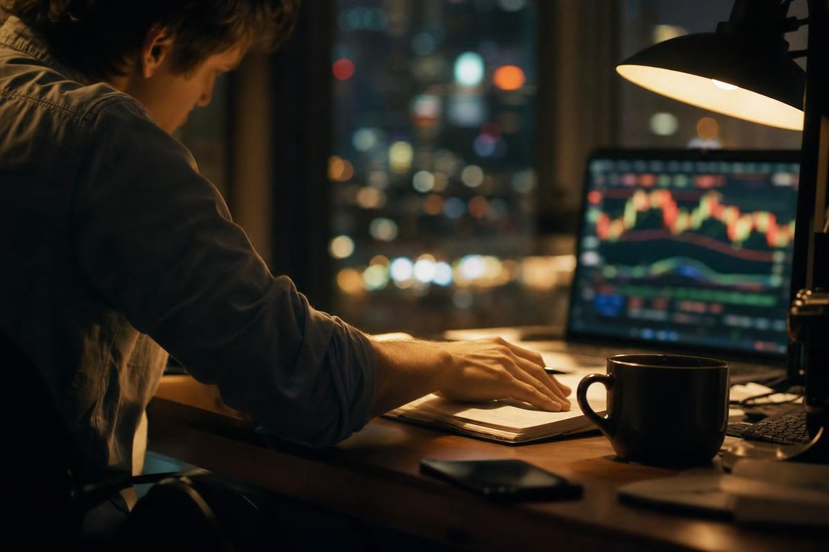Trader at a desk pausing over a notebook while using an option trading calculator at night