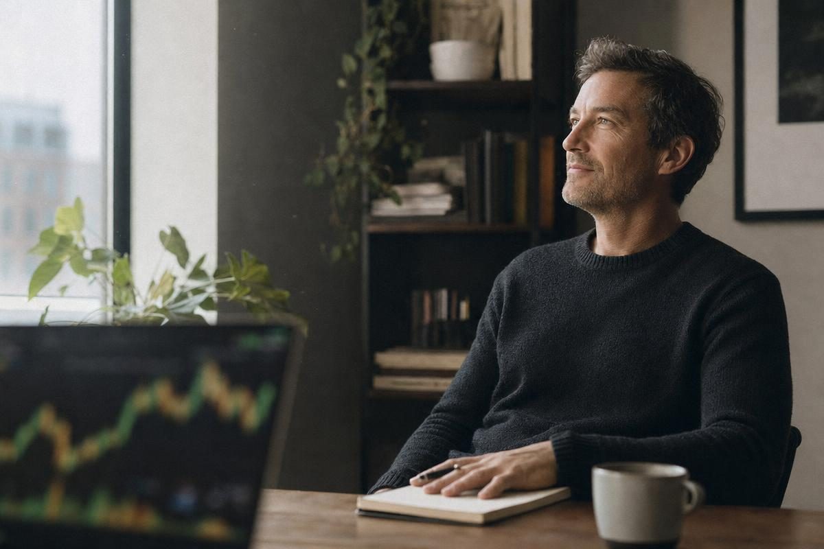 Trader reviewing a closed profitable position after using a stock option calculator profit tool, calm satisfied moment at a desk