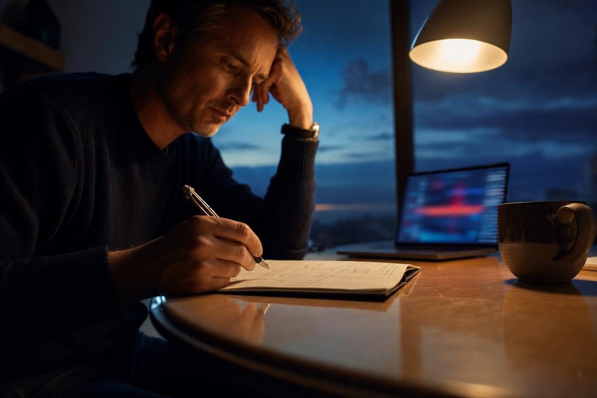 Steady hand and notebook on a lamplit desk, planning a trade with a stock option calculator