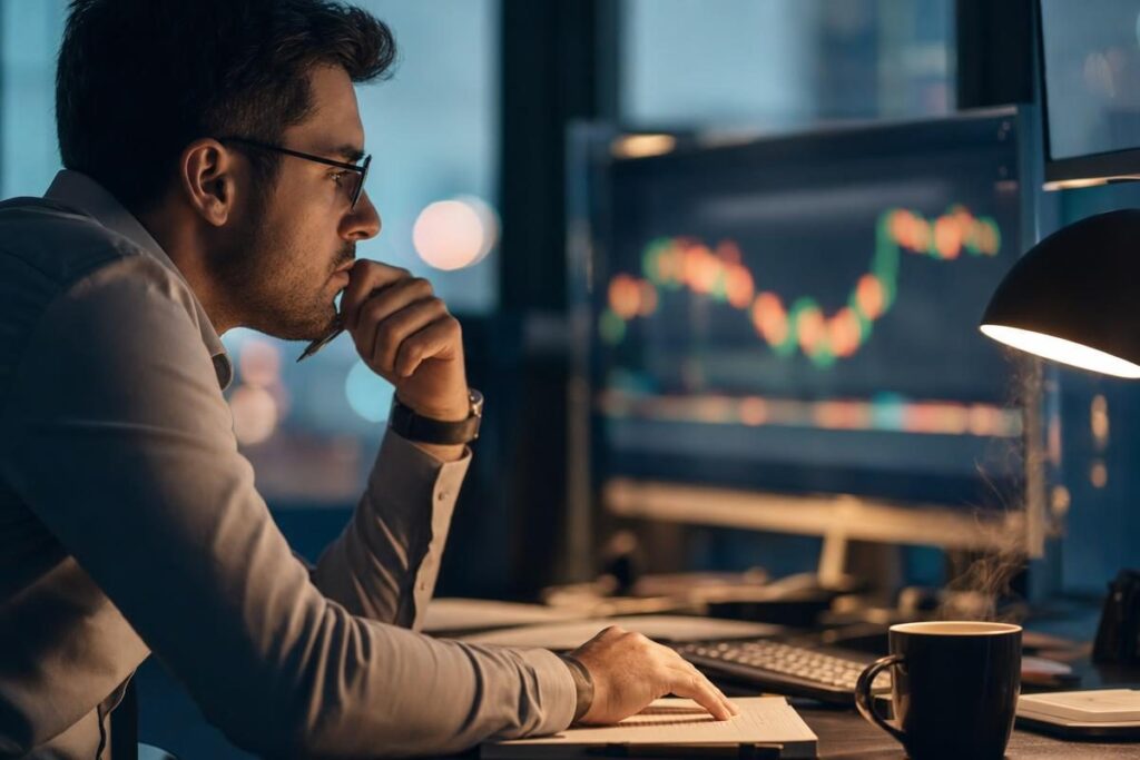 An options analyst studying market screens while weighing a strike price calculator decision at dusk